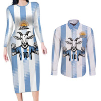Blue Argentina 10 Goat Couples Matching Long Sleeve Bodycon Dress and Long Sleeve Button Shirt History Champions World Cup