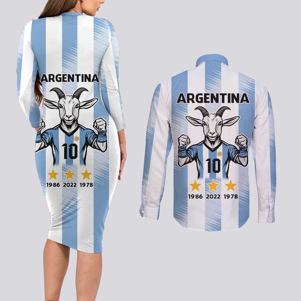 Blue Argentina 10 Goat Couples Matching Long Sleeve Bodycon Dress and Long Sleeve Button Shirt History Champions World Cup