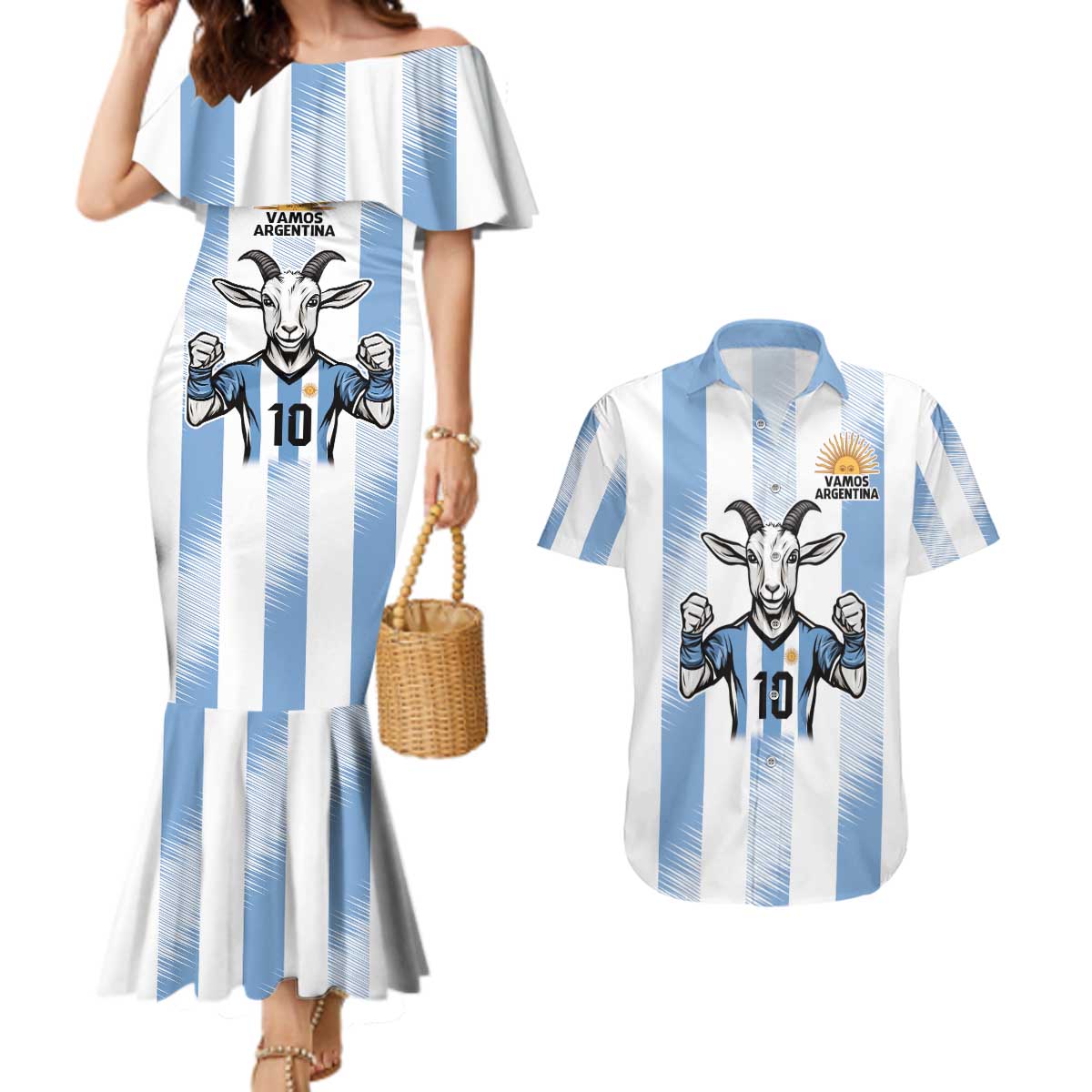 Blue Argentina 10 Goat Couples Matching Mermaid Dress and Hawaiian Shirt History Champions World Cup