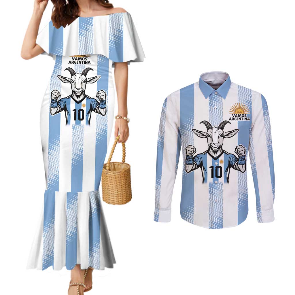 Blue Argentina 10 Goat Couples Matching Mermaid Dress and Long Sleeve Button Shirt History Champions World Cup