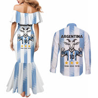 Blue Argentina 10 Goat Couples Matching Mermaid Dress and Long Sleeve Button Shirt History Champions World Cup