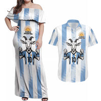 Blue Argentina 10 Goat Couples Matching Off Shoulder Maxi Dress and Hawaiian Shirt History Champions World Cup