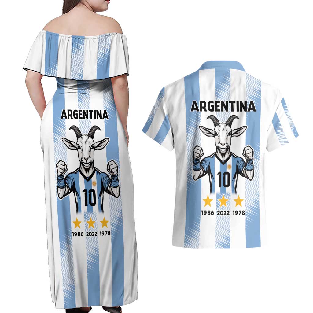 Blue Argentina 10 Goat Couples Matching Off Shoulder Maxi Dress and Hawaiian Shirt History Champions World Cup