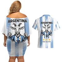 Blue Argentina 10 Goat Couples Matching Off Shoulder Short Dress and Hawaiian Shirt History Champions World Cup