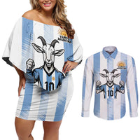 Blue Argentina 10 Goat Couples Matching Off Shoulder Short Dress and Long Sleeve Button Shirt History Champions World Cup