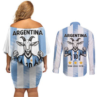 Blue Argentina 10 Goat Couples Matching Off Shoulder Short Dress and Long Sleeve Button Shirt History Champions World Cup
