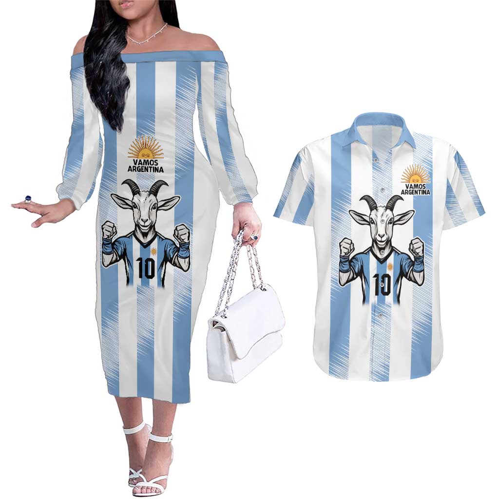 Blue Argentina 10 Goat Couples Matching Off The Shoulder Long Sleeve Dress and Hawaiian Shirt History Champions World Cup