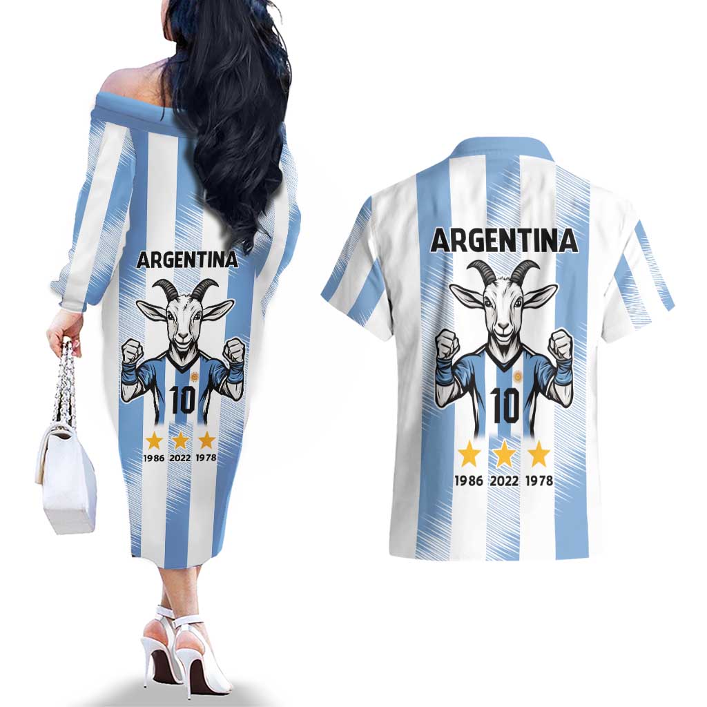 Blue Argentina 10 Goat Couples Matching Off The Shoulder Long Sleeve Dress and Hawaiian Shirt History Champions World Cup