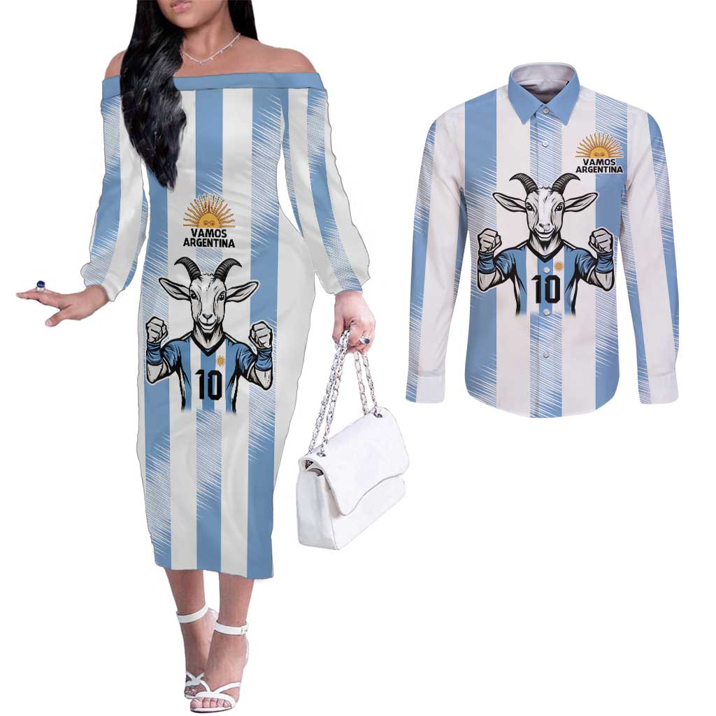 Blue Argentina 10 Goat Couples Matching Off The Shoulder Long Sleeve Dress and Long Sleeve Button Shirt History Champions World Cup