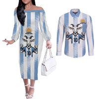 Blue Argentina 10 Goat Couples Matching Off The Shoulder Long Sleeve Dress and Long Sleeve Button Shirt History Champions World Cup