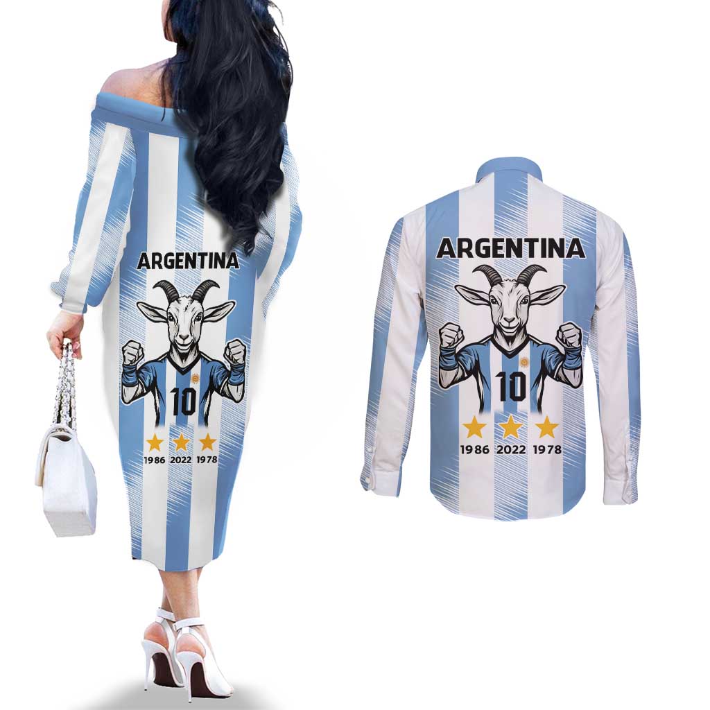 Blue Argentina 10 Goat Couples Matching Off The Shoulder Long Sleeve Dress and Long Sleeve Button Shirt History Champions World Cup