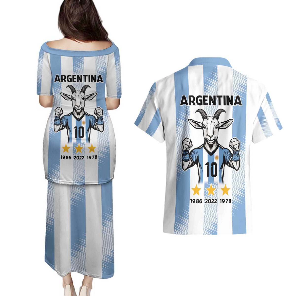 Blue Argentina 10 Goat Couples Matching Puletasi and Hawaiian Shirt History Champions World Cup