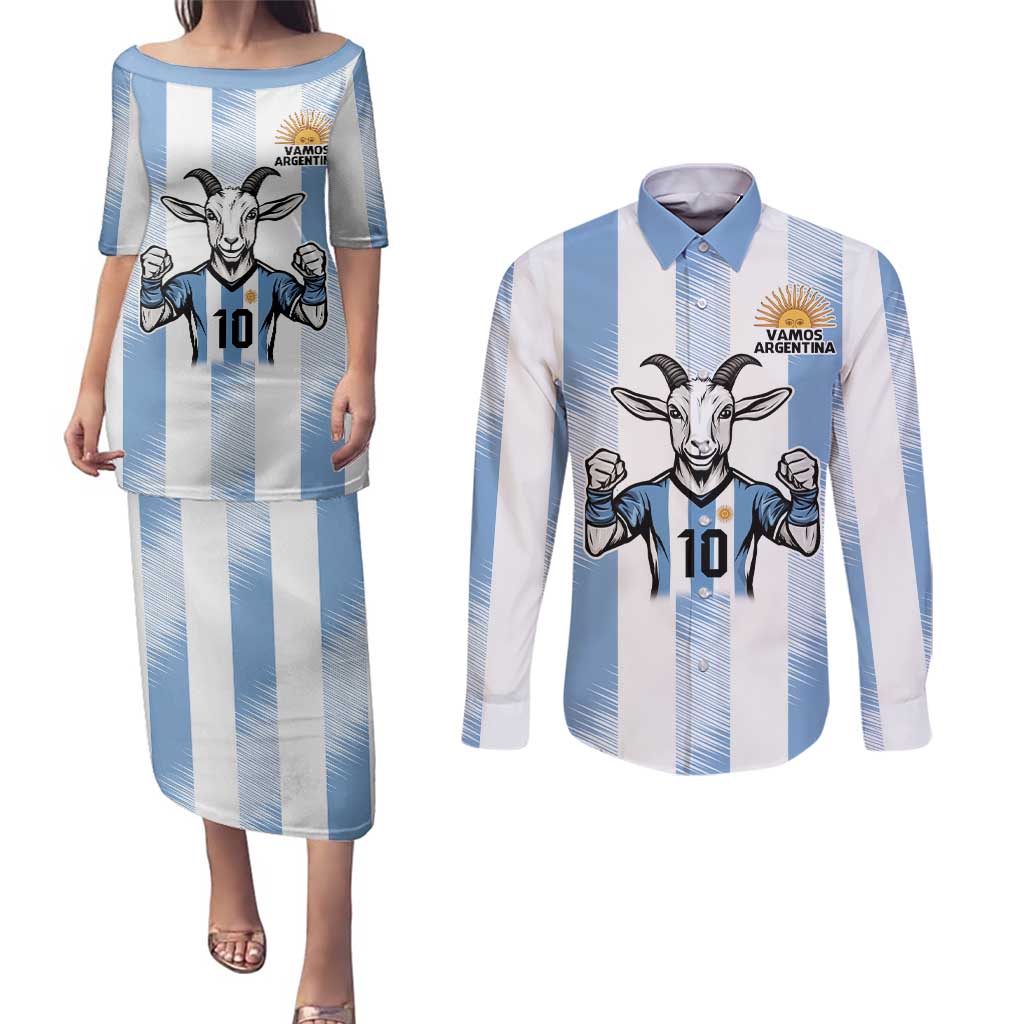 Blue Argentina 10 Goat Couples Matching Puletasi and Long Sleeve Button Shirt History Champions World Cup