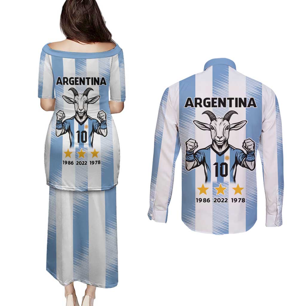 Blue Argentina 10 Goat Couples Matching Puletasi and Long Sleeve Button Shirt History Champions World Cup