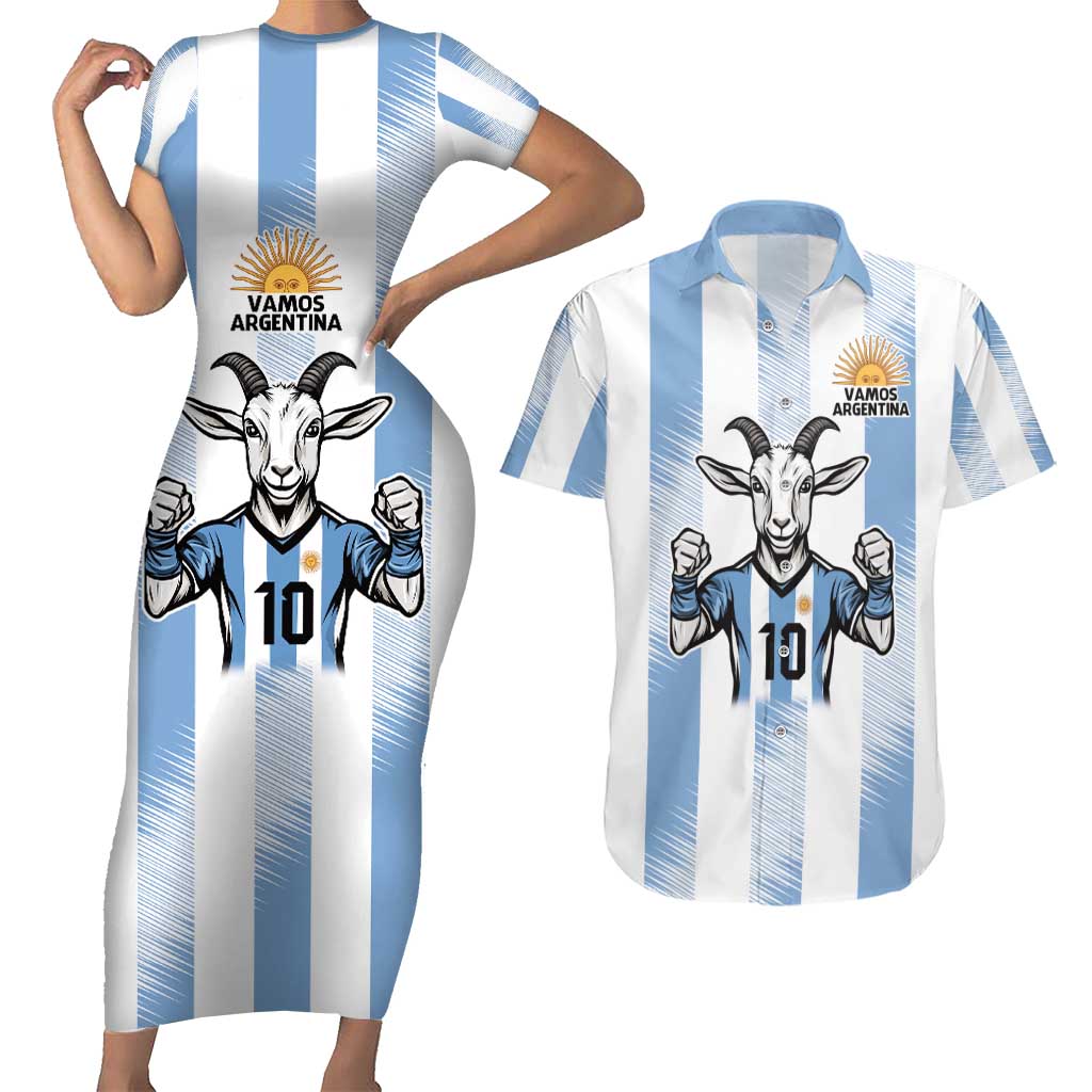 Blue Argentina 10 Goat Couples Matching Short Sleeve Bodycon Dress and Hawaiian Shirt History Champions World Cup