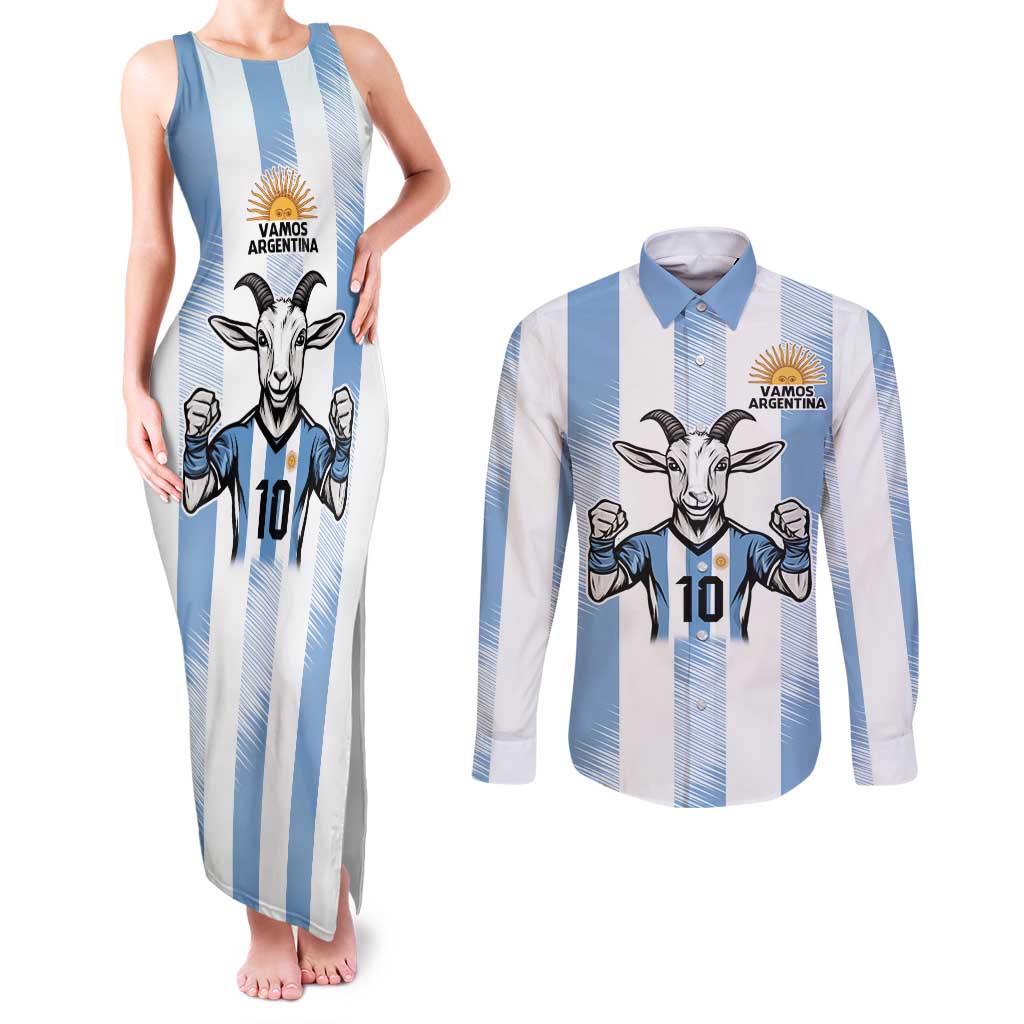 Blue Argentina 10 Goat Couples Matching Tank Maxi Dress and Long Sleeve Button Shirt History Champions World Cup