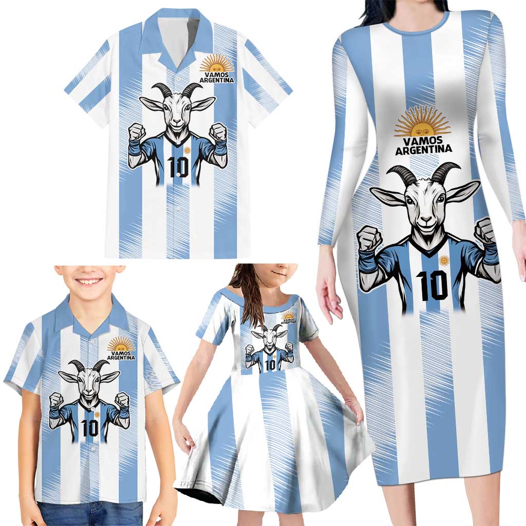 Blue Argentina 10 Goat Family Matching Long Sleeve Bodycon Dress and Hawaiian Shirt History Champions World Cup
