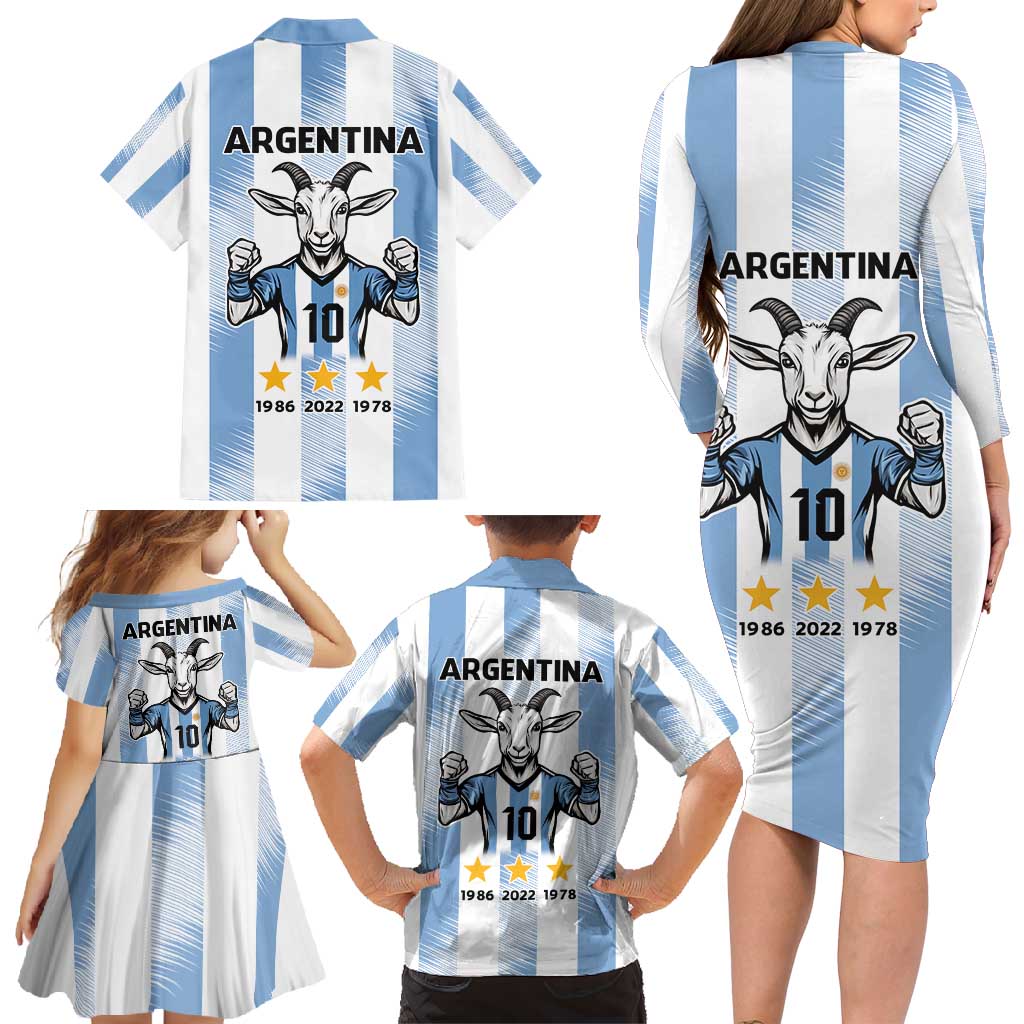 Blue Argentina 10 Goat Family Matching Long Sleeve Bodycon Dress and Hawaiian Shirt History Champions World Cup