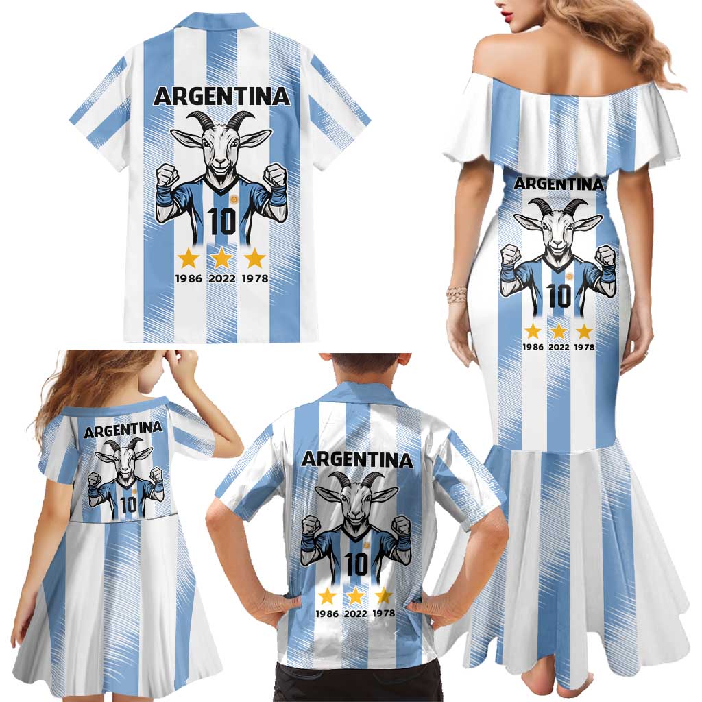 Blue Argentina 10 Goat Family Matching Mermaid Dress and Hawaiian Shirt History Champions World Cup