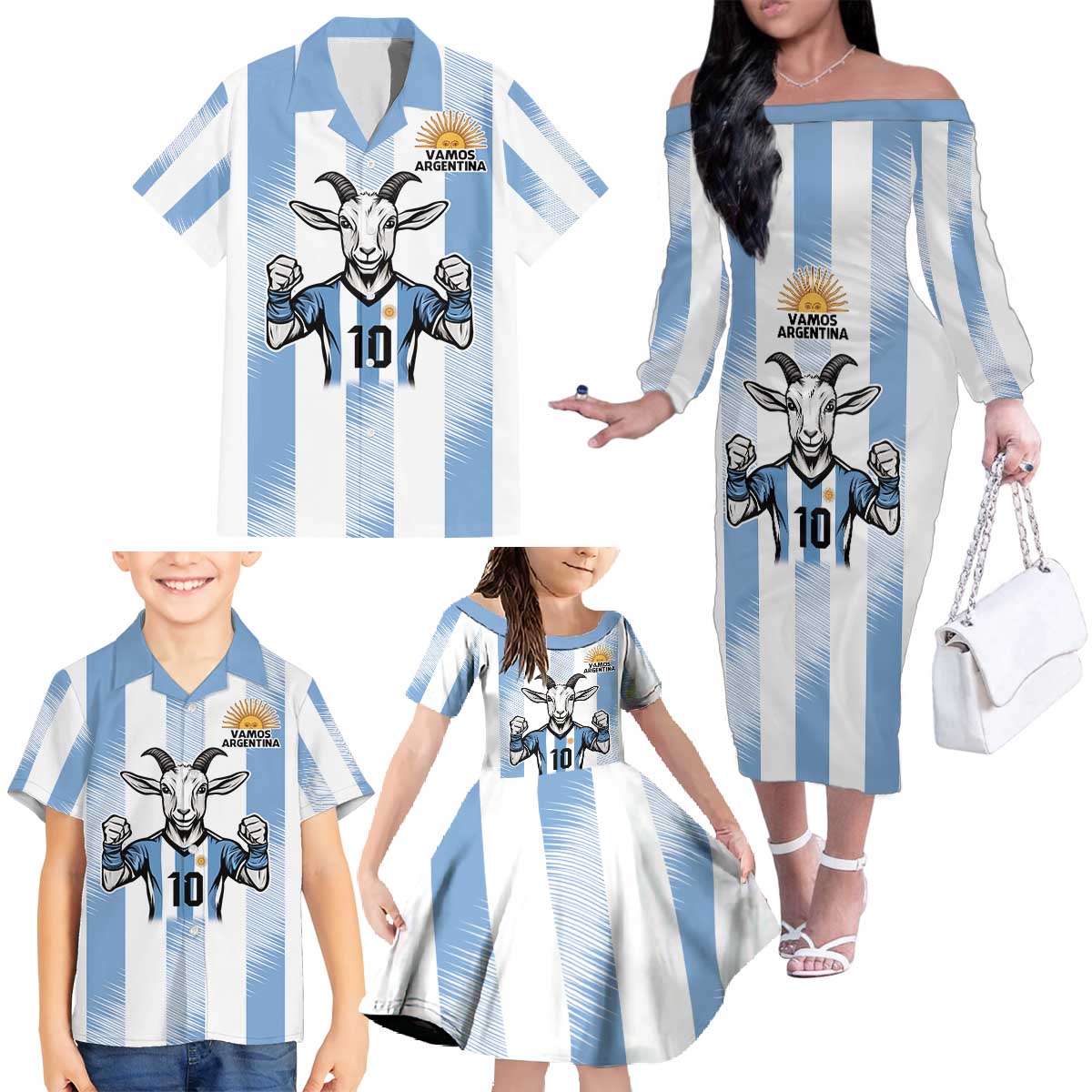 Blue Argentina 10 Goat Family Matching Off The Shoulder Long Sleeve Dress and Hawaiian Shirt History Champions World Cup