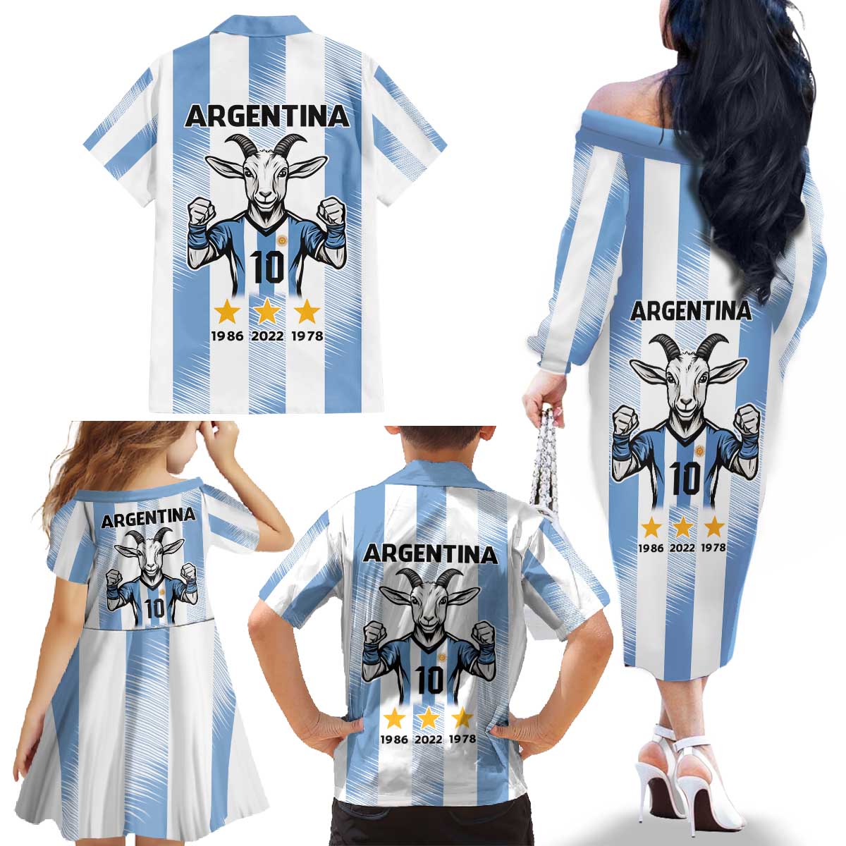 Blue Argentina 10 Goat Family Matching Off The Shoulder Long Sleeve Dress and Hawaiian Shirt History Champions World Cup