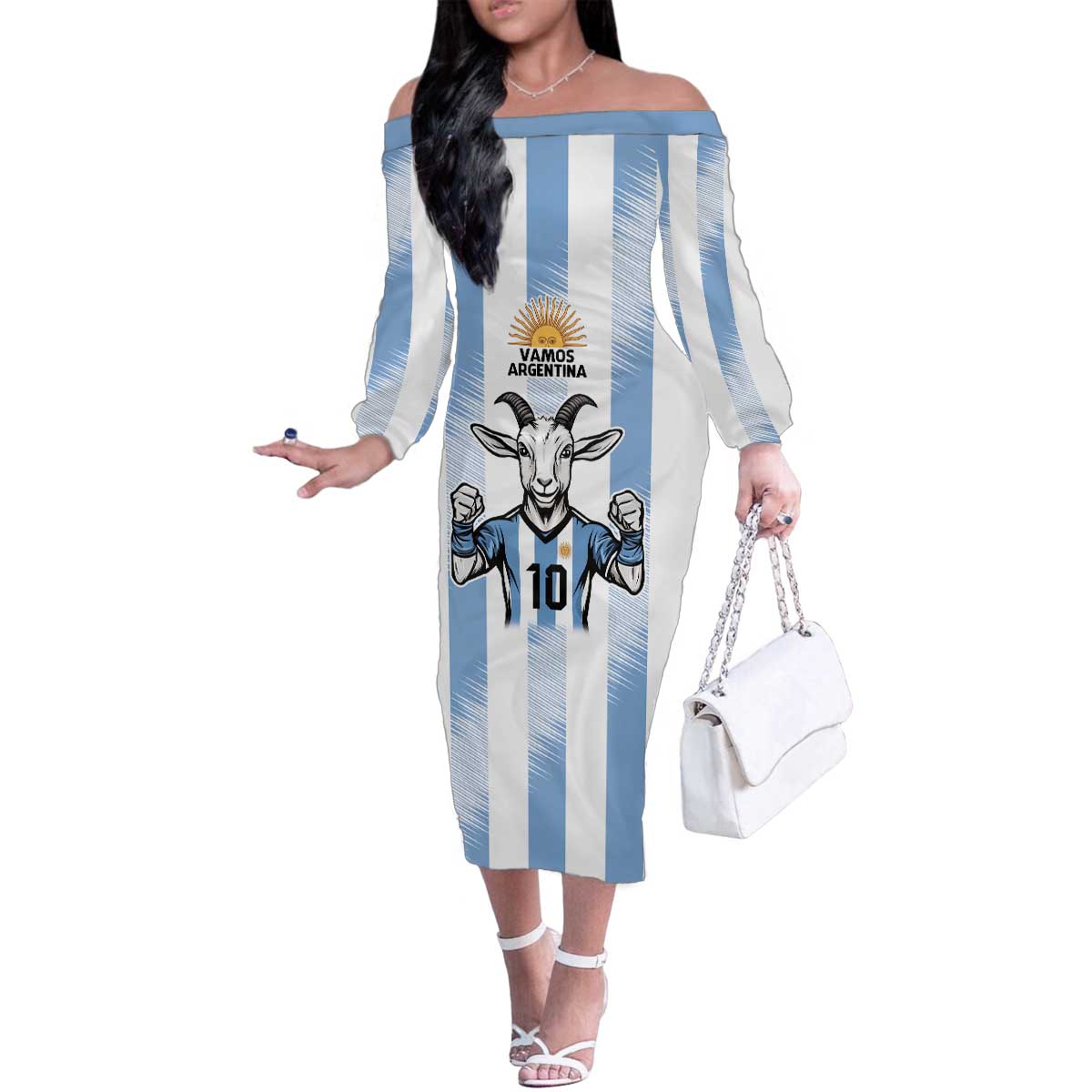 Blue Argentina 10 Goat Family Matching Off The Shoulder Long Sleeve Dress and Hawaiian Shirt History Champions World Cup