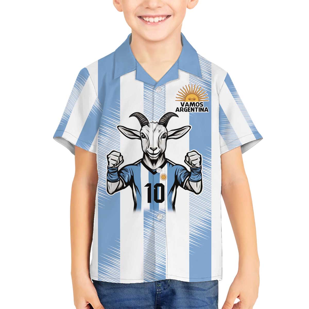 Blue Argentina 10 Goat Family Matching Off The Shoulder Long Sleeve Dress and Hawaiian Shirt History Champions World Cup