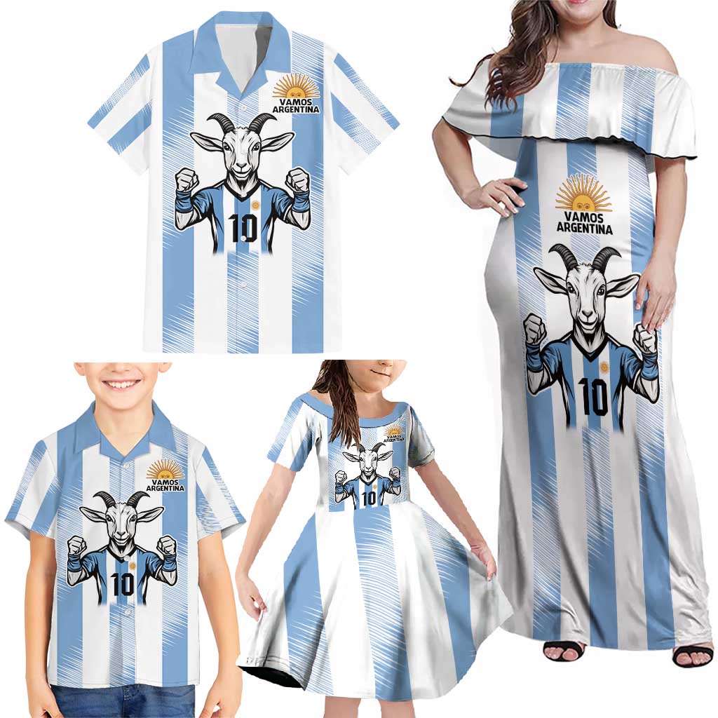 Blue Argentina 10 Goat Family Matching Off Shoulder Maxi Dress and Hawaiian Shirt History Champions World Cup