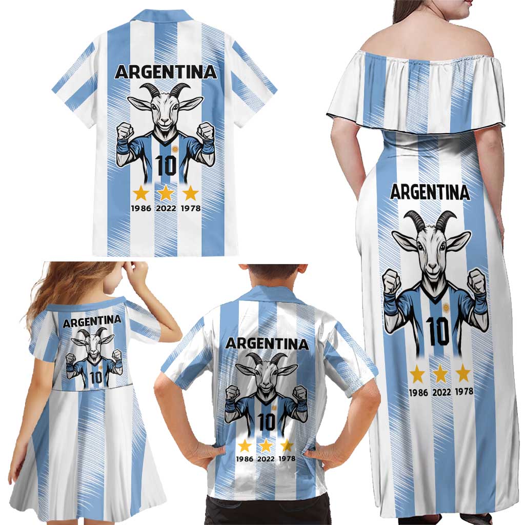 Blue Argentina 10 Goat Family Matching Off Shoulder Maxi Dress and Hawaiian Shirt History Champions World Cup