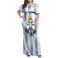 Blue Argentina 10 Goat Family Matching Off Shoulder Maxi Dress and Hawaiian Shirt History Champions World Cup