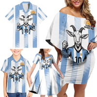Blue Argentina 10 Goat Family Matching Off Shoulder Short Dress and Hawaiian Shirt History Champions World Cup