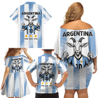Blue Argentina 10 Goat Family Matching Off Shoulder Short Dress and Hawaiian Shirt History Champions World Cup