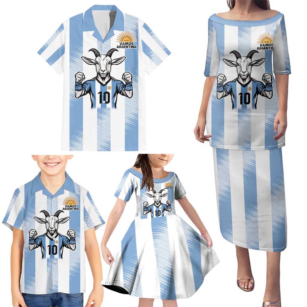Blue Argentina 10 Goat Family Matching Puletasi and Hawaiian Shirt History Champions World Cup
