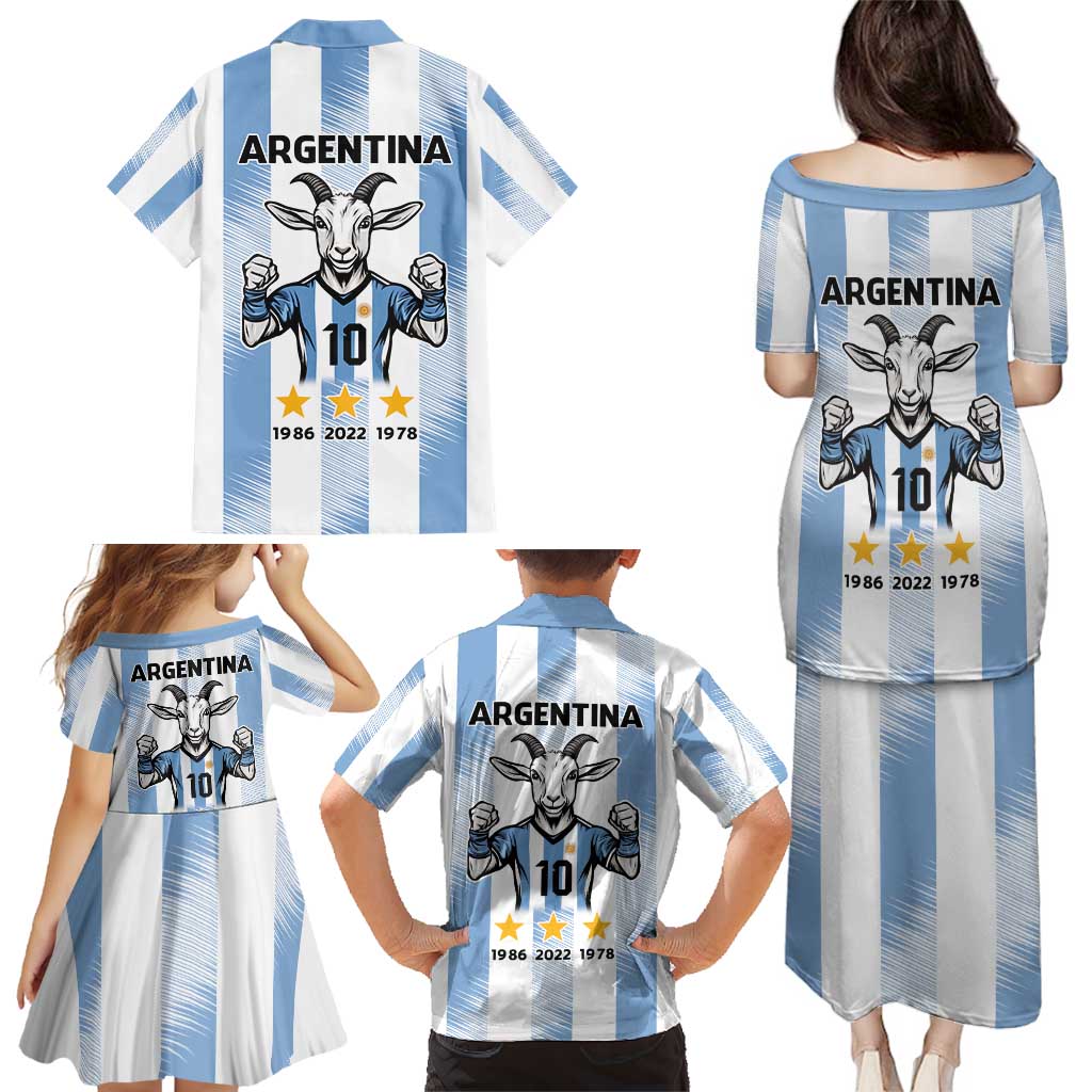 Blue Argentina 10 Goat Family Matching Puletasi and Hawaiian Shirt History Champions World Cup