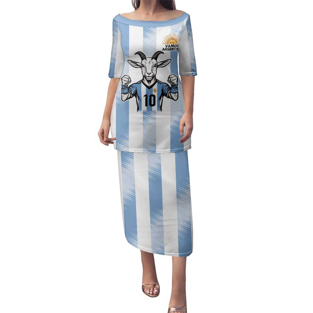 Blue Argentina 10 Goat Family Matching Puletasi and Hawaiian Shirt History Champions World Cup