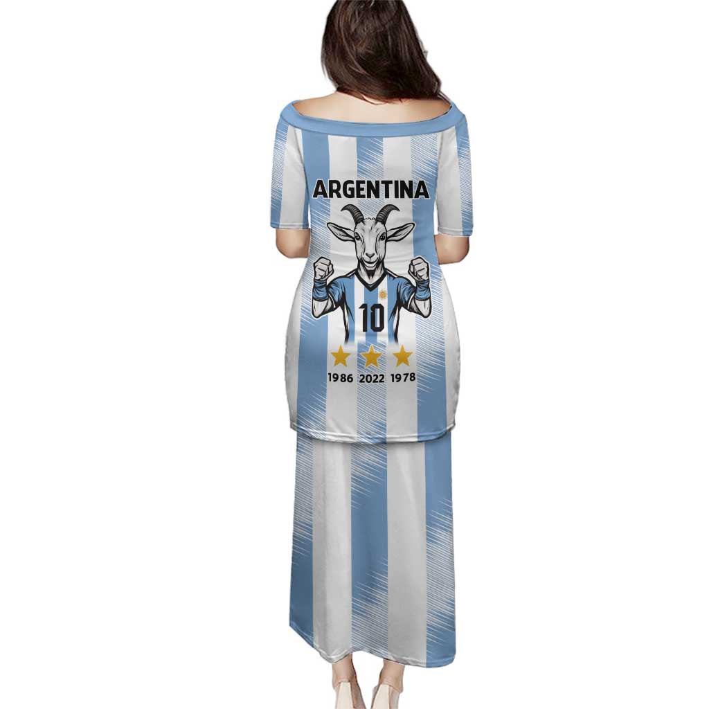 Blue Argentina 10 Goat Family Matching Puletasi and Hawaiian Shirt History Champions World Cup