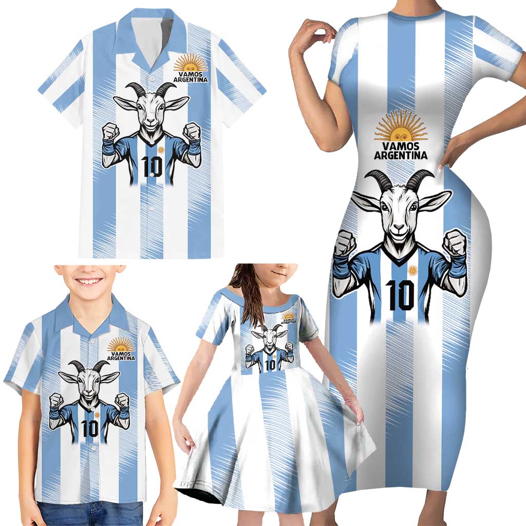 Blue Argentina 10 Goat Family Matching Short Sleeve Bodycon Dress and Hawaiian Shirt History Champions World Cup