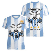 Blue Argentina 10 Goat Women V-Neck T-Shirt History Champions World Cup