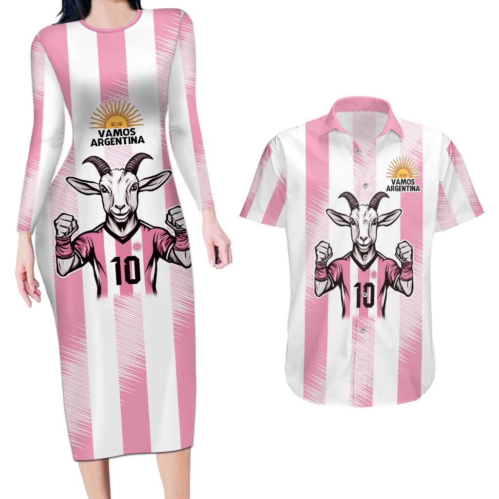 Pink Argentina 10 Goat Couples Matching Long Sleeve Bodycon Dress and Hawaiian Shirt History Champions World Cup