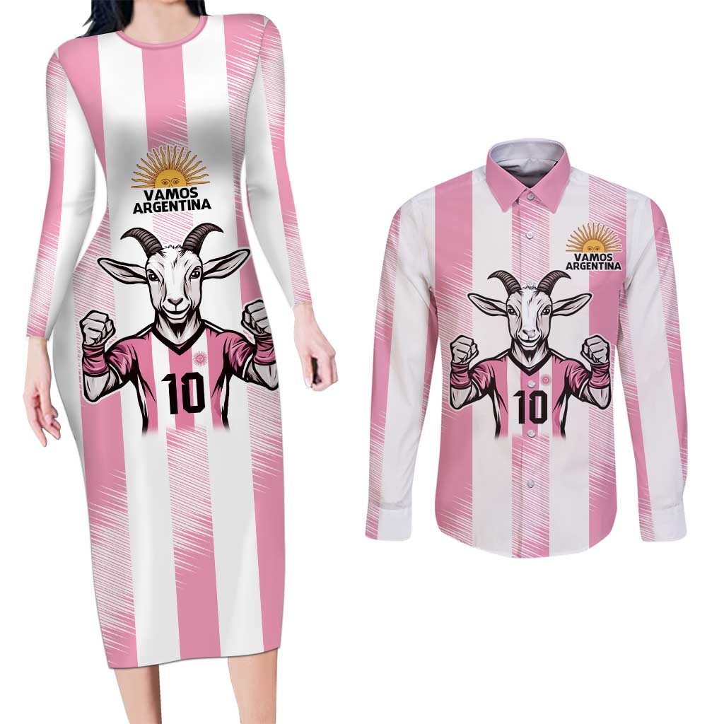 Pink Argentina 10 Goat Couples Matching Long Sleeve Bodycon Dress and Long Sleeve Button Shirt History Champions World Cup