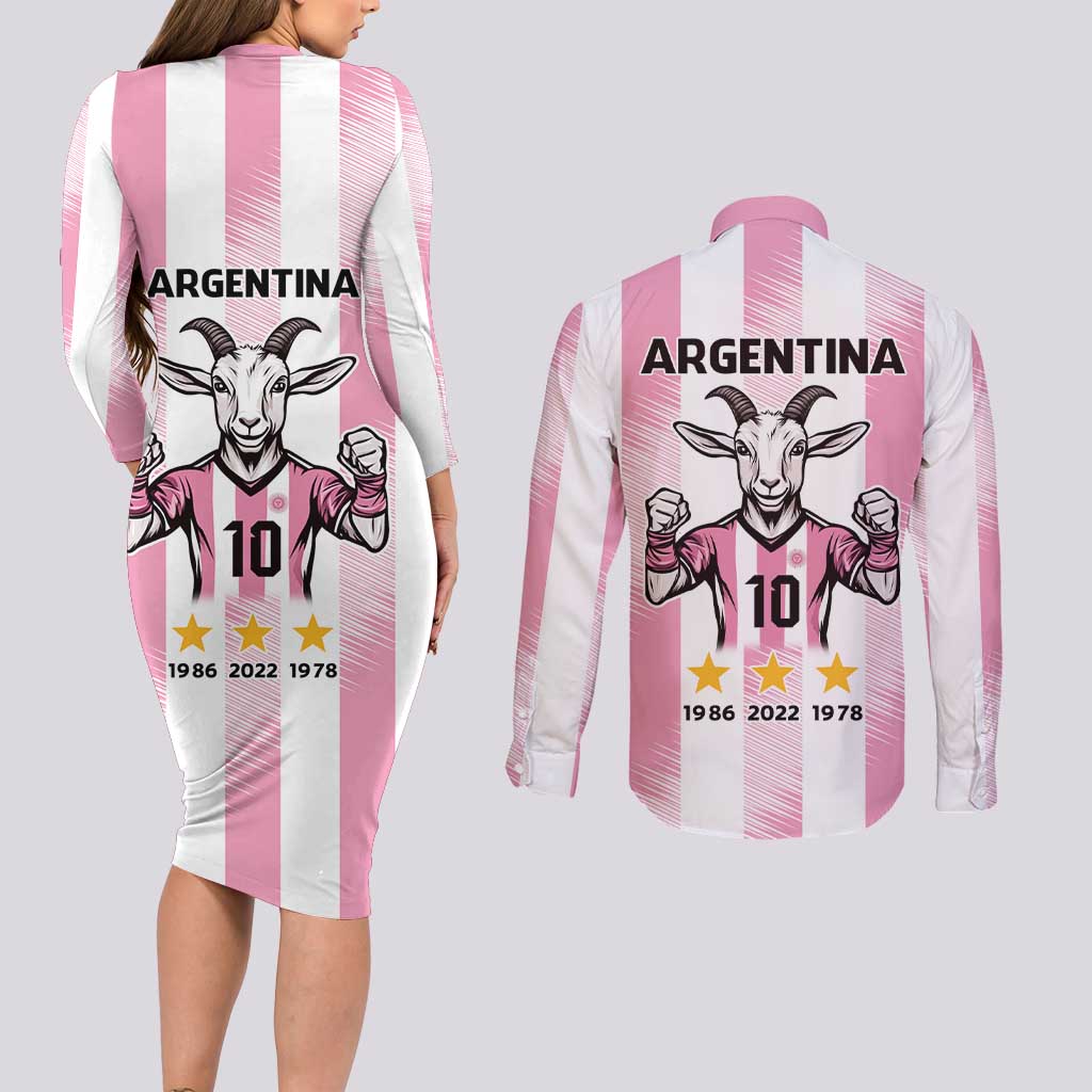 Pink Argentina 10 Goat Couples Matching Long Sleeve Bodycon Dress and Long Sleeve Button Shirt History Champions World Cup