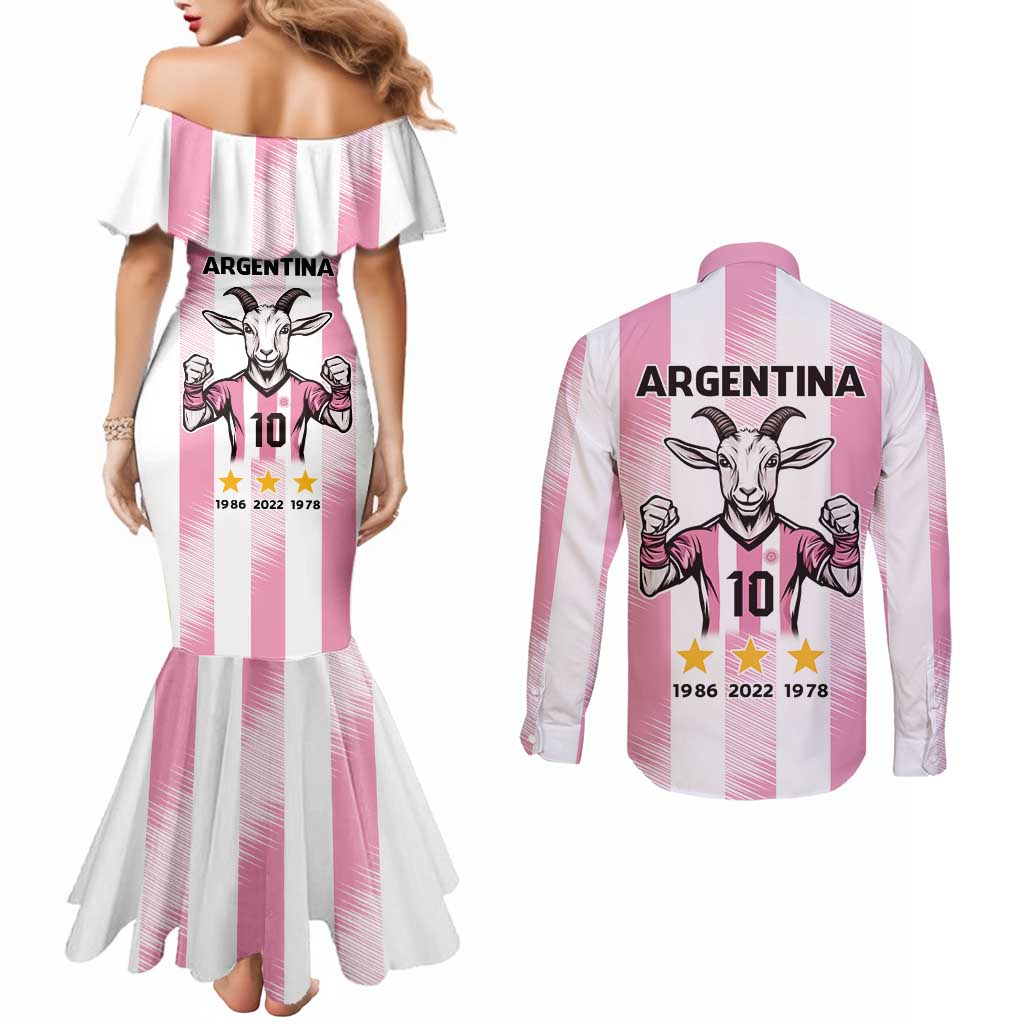 Pink Argentina 10 Goat Couples Matching Mermaid Dress and Long Sleeve Button Shirt History Champions World Cup