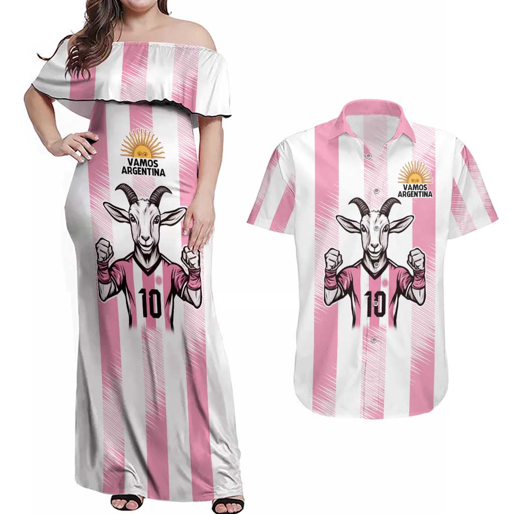 Pink Argentina 10 Goat Couples Matching Off Shoulder Maxi Dress and Hawaiian Shirt History Champions World Cup