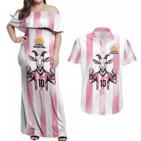 Pink Argentina 10 Goat Couples Matching Off Shoulder Maxi Dress and Hawaiian Shirt History Champions World Cup