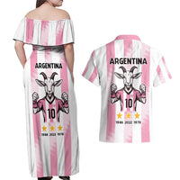Pink Argentina 10 Goat Couples Matching Off Shoulder Maxi Dress and Hawaiian Shirt History Champions World Cup