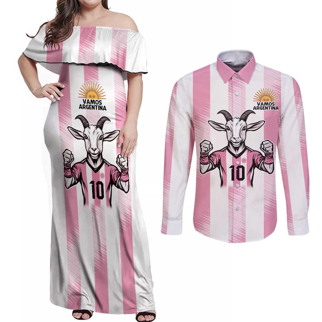 Pink Argentina 10 Goat Couples Matching Off Shoulder Maxi Dress and Long Sleeve Button Shirt History Champions World Cup