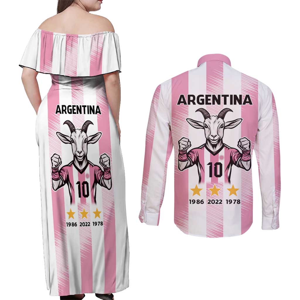 Pink Argentina 10 Goat Couples Matching Off Shoulder Maxi Dress and Long Sleeve Button Shirt History Champions World Cup