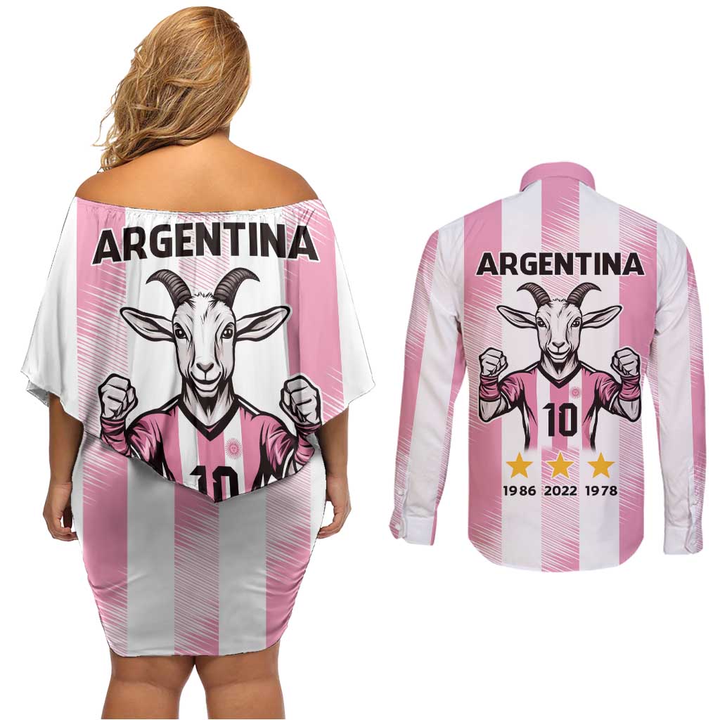 Pink Argentina 10 Goat Couples Matching Off Shoulder Short Dress and Long Sleeve Button Shirt History Champions World Cup