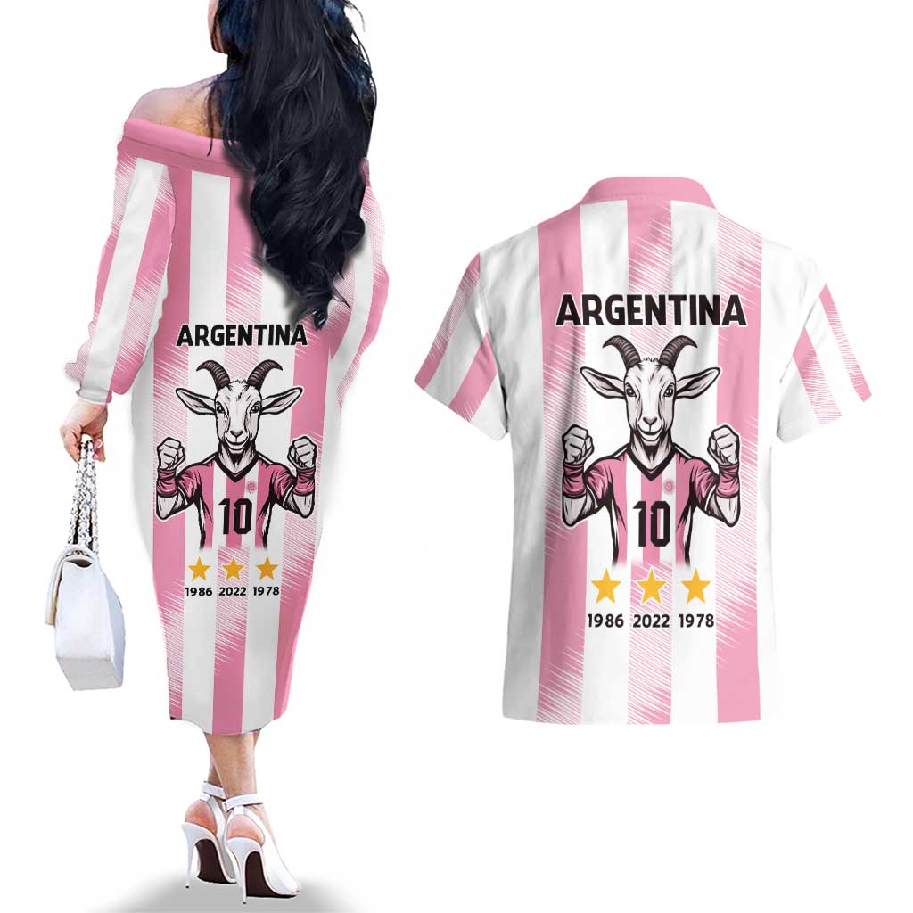 Pink Argentina 10 Goat Couples Matching Off The Shoulder Long Sleeve Dress and Hawaiian Shirt History Champions World Cup