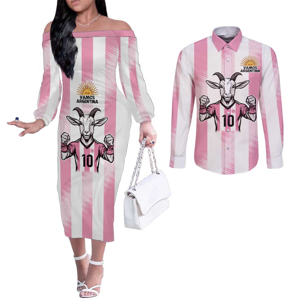 Pink Argentina 10 Goat Couples Matching Off The Shoulder Long Sleeve Dress and Long Sleeve Button Shirt History Champions World Cup